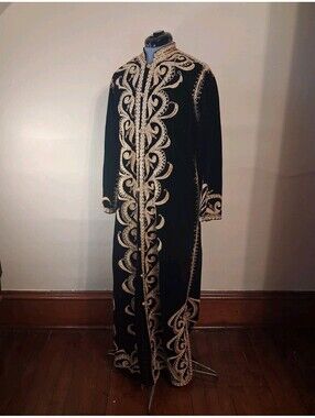 Vintage Handmade Velvet Silk Kaftan Duster With gold embroidery Lined, Size S